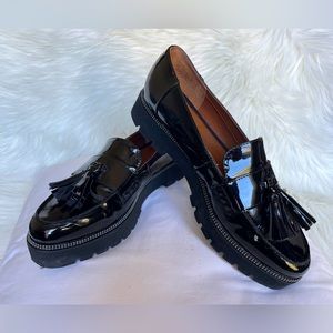 Franco Sarto glossy black faux leather platform loafers